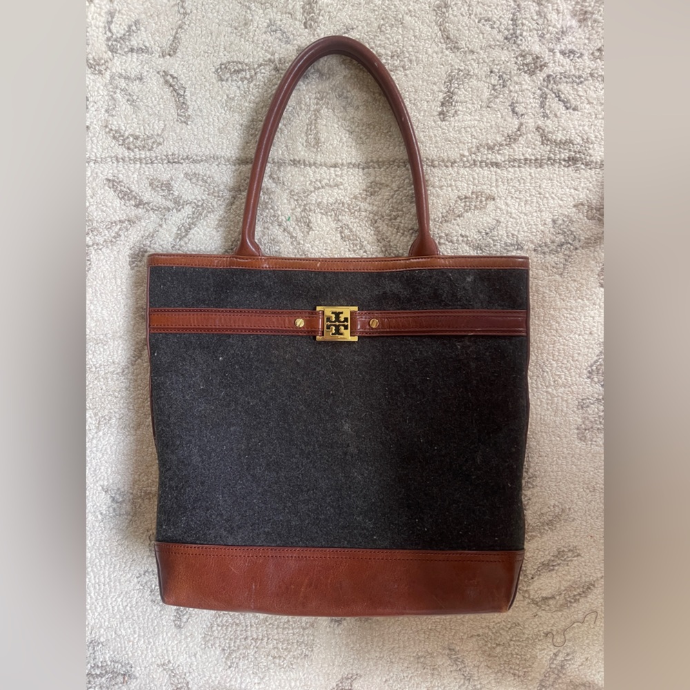 Tory Burch Two-Tone Gray Wool and Brown Leather Tote with Gold Logo